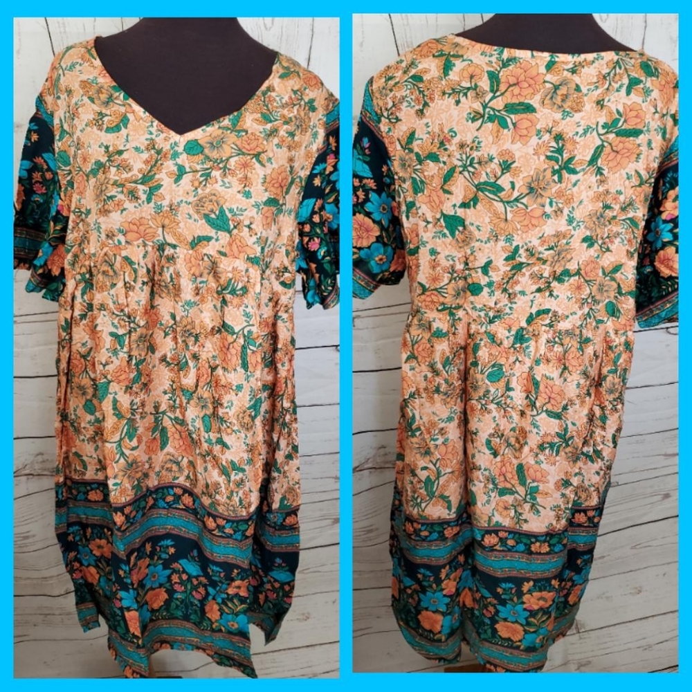 Kara and Kate boho floral print V-neck mini dress turquoise and peach XL